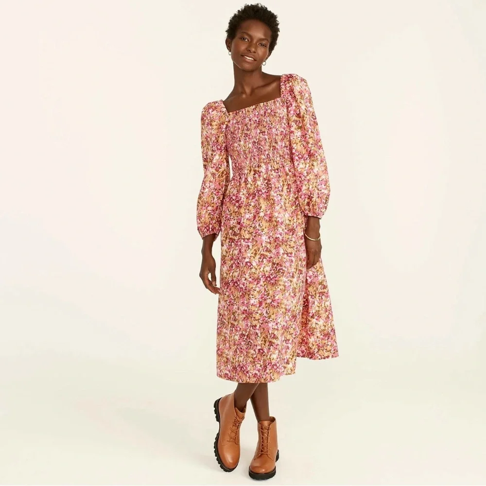 J.Crew 2X Smocked puff-sleeve midi dress faded floral cottage core preppy fem - Picture 1 of 17